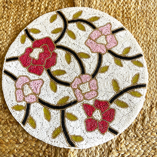 Pink Red Floral Round Handcrafted Beaded Placemat- 14-inch Round Decorative Table Mat