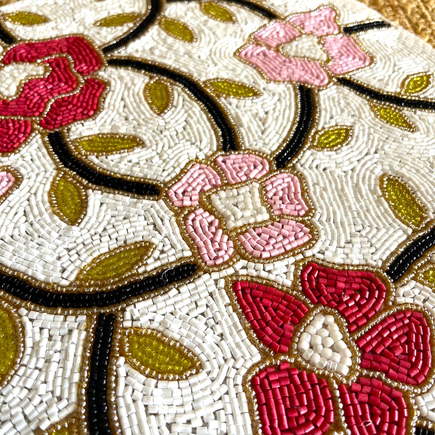 Pink Red Floral Round Handcrafted Beaded Placemat- 14-inch Round Decorative Table Mat