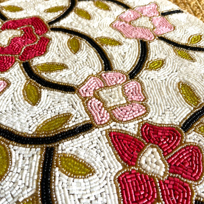 Pink Red Floral Round Handcrafted Beaded Placemat- 14-inch Round Decorative Table Mat