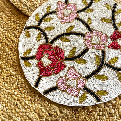 Pink Red Floral Round Handcrafted Beaded Placemat- 14-inch Round Decorative Table Mat
