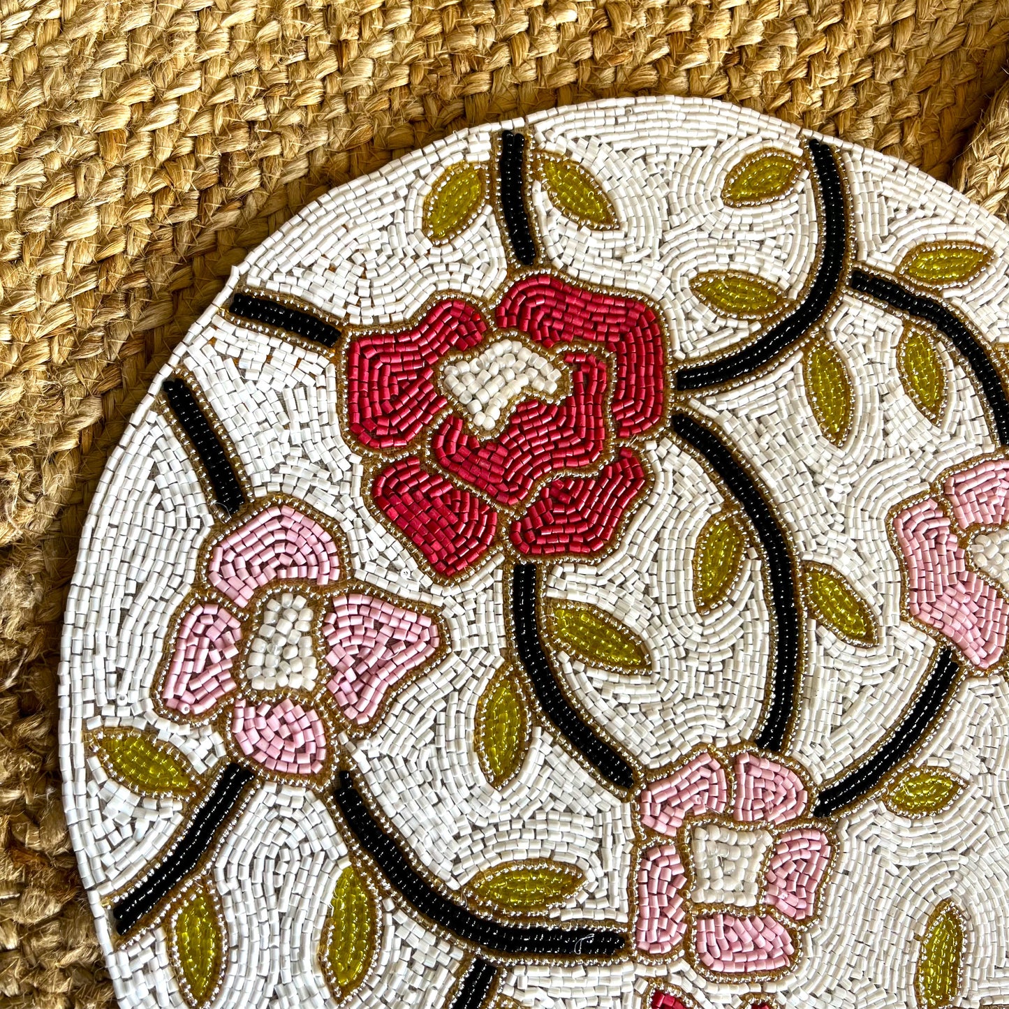 Pink Red Floral Round Handcrafted Beaded Placemat- 14-inch Round Decorative Table Mat