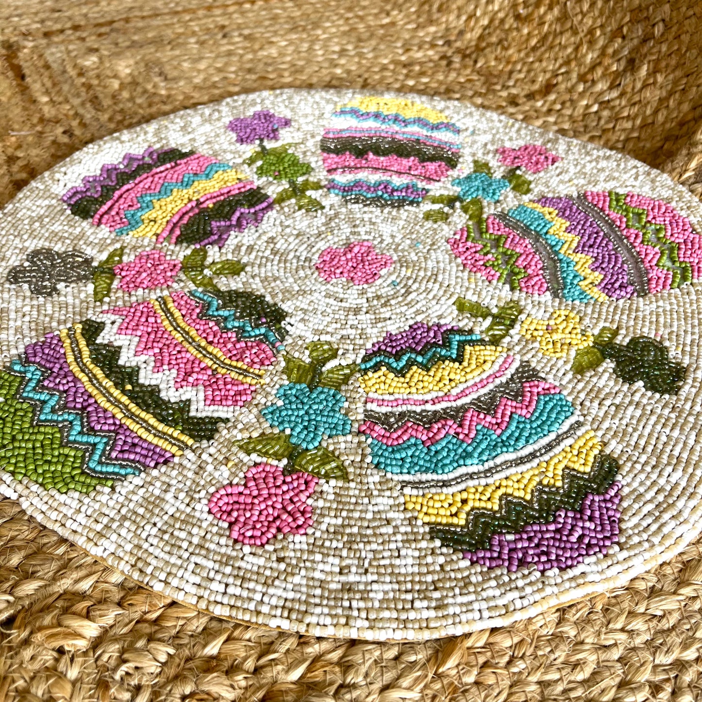 Pink Pastel Floral Round Handcrafted Beaded Placemat- 14-inch Round Decorative Table Mat