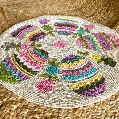 Pink Pastel Floral Round Handcrafted Beaded Placemat- 14-inch Round Decorative Table Mat