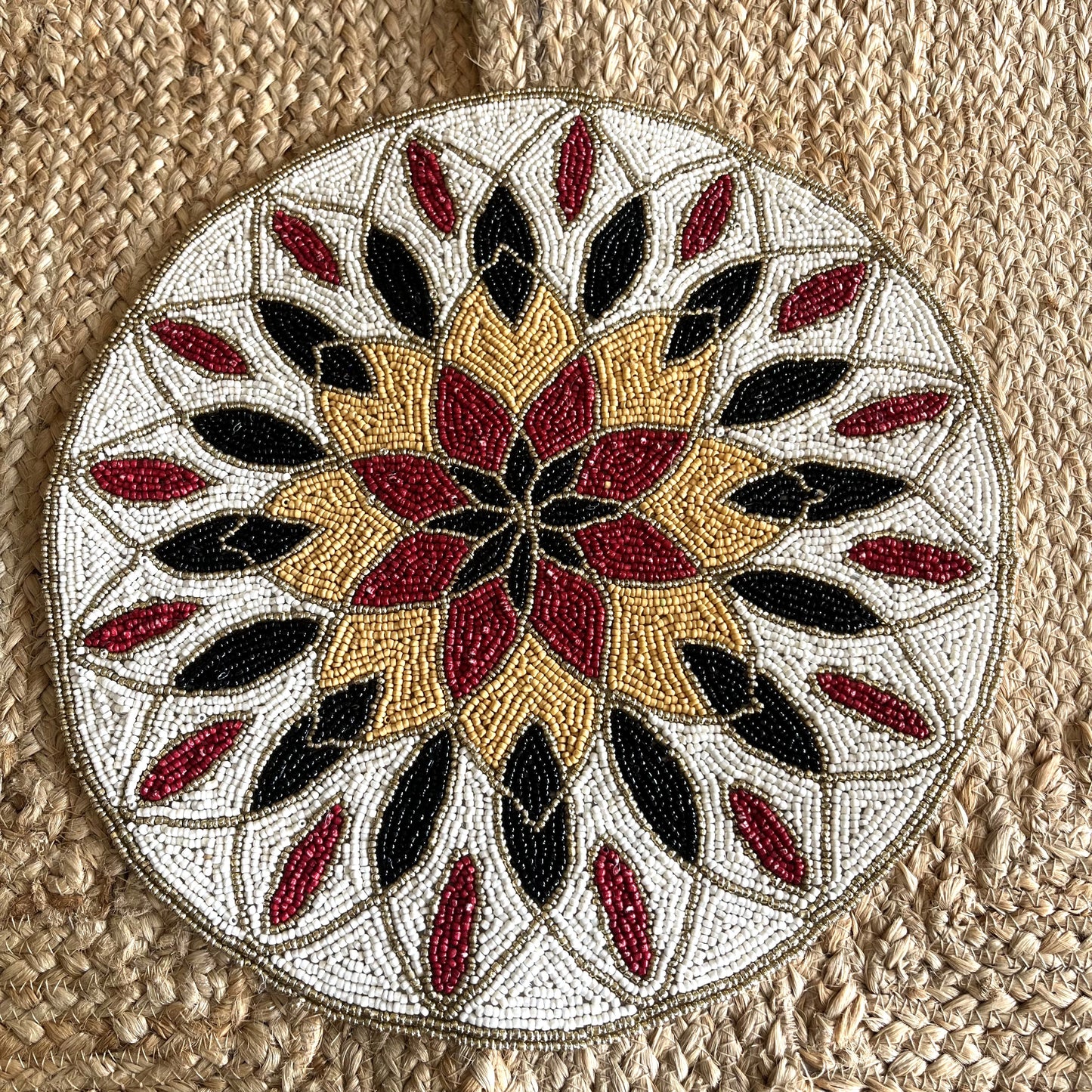 Red Black Gold Floral Rangoli Handcrafted Beaded Placemat – 14-inch Round Decorative Table Mat