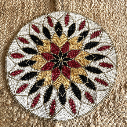 Red Black Gold Floral Rangoli Handcrafted Beaded Placemat – 14-inch Round Decorative Table Mat