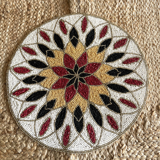 Red Black Gold Floral Rangoli Handcrafted Beaded Placemat – 14-inch Round Decorative Table Mat