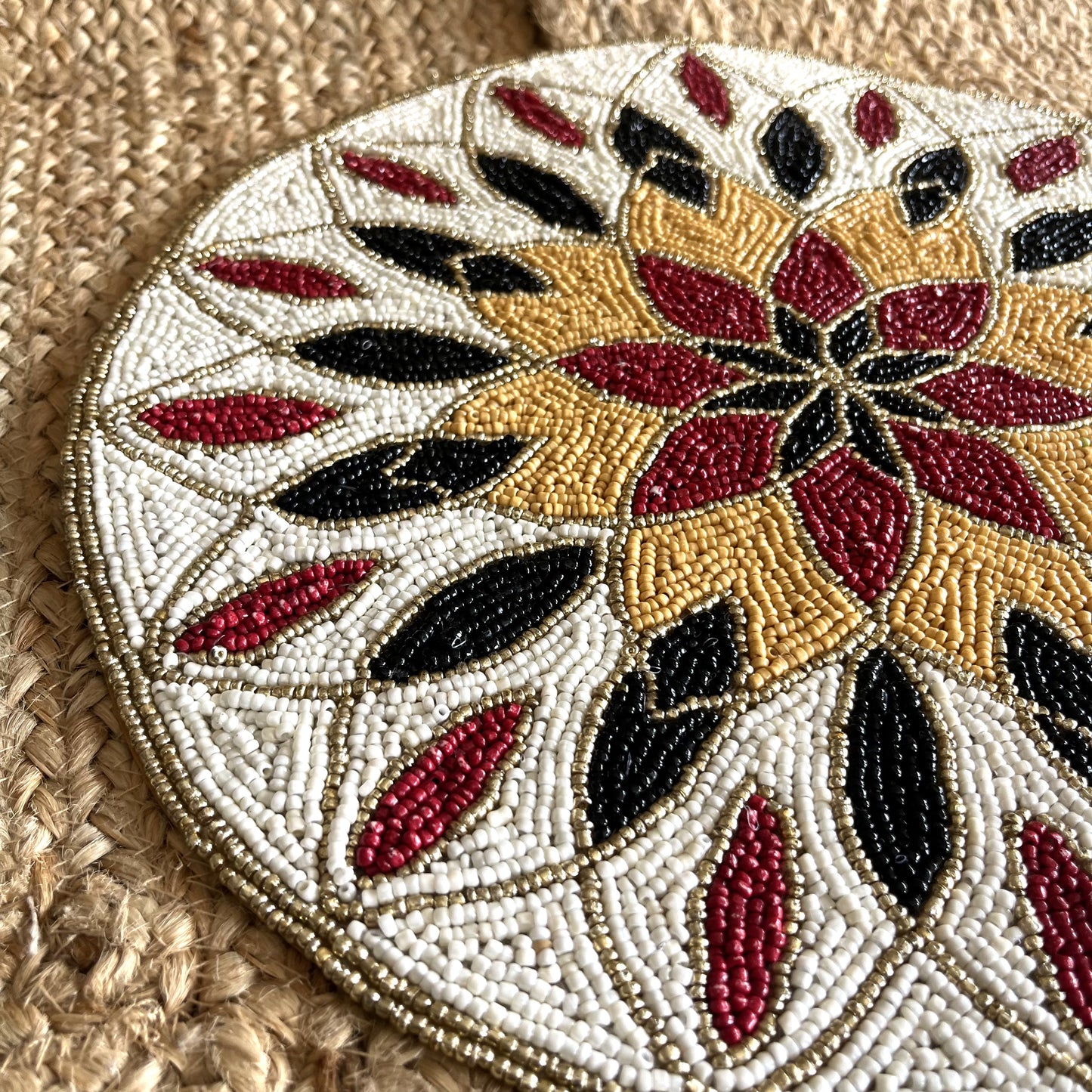 Red Black Gold Floral Rangoli Handcrafted Beaded Placemat – 14-inch Round Decorative Table Mat