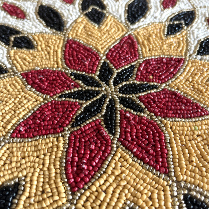 Red Black Gold Floral Rangoli Handcrafted Beaded Placemat – 14-inch Round Decorative Table Mat