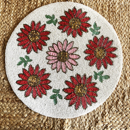 Red Flower Handcrafted Beaded Placemat – 14-inch Round Decorative Table Mat