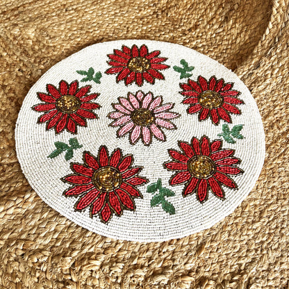 Red Flower Handcrafted Beaded Placemat – 14-inch Round Decorative Table Mat