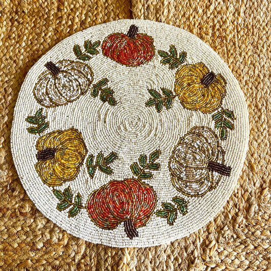 Multicolor Pumpkin Handcrafted Beaded Placemat – 14-inch Round Fall Table Decor