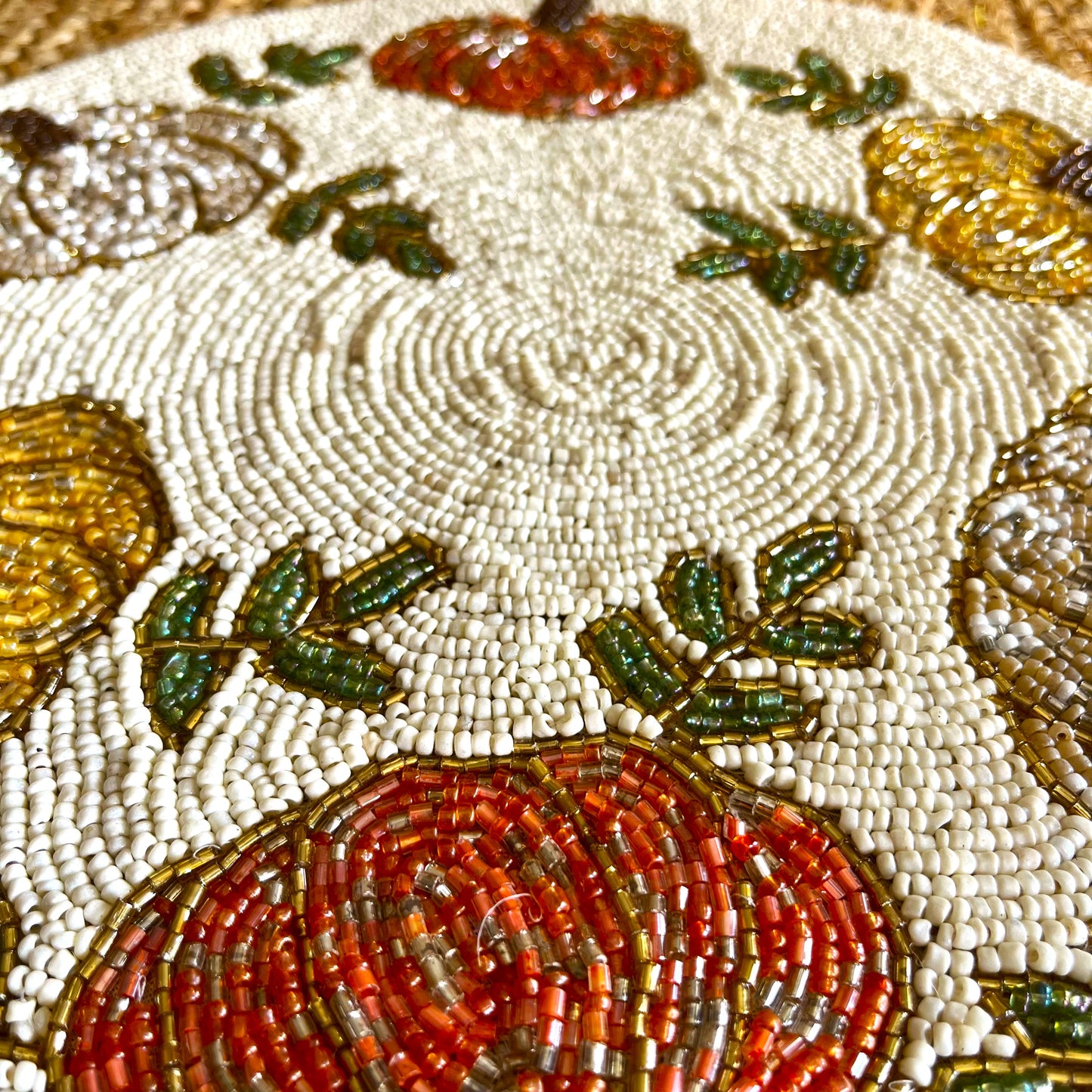 Multicolor Pumpkin Handcrafted Beaded Placemat – 14-inch Round Fall Table Decor