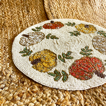 Multicolor Pumpkin Handcrafted Beaded Placemat – 14-inch Round Fall Table Decor