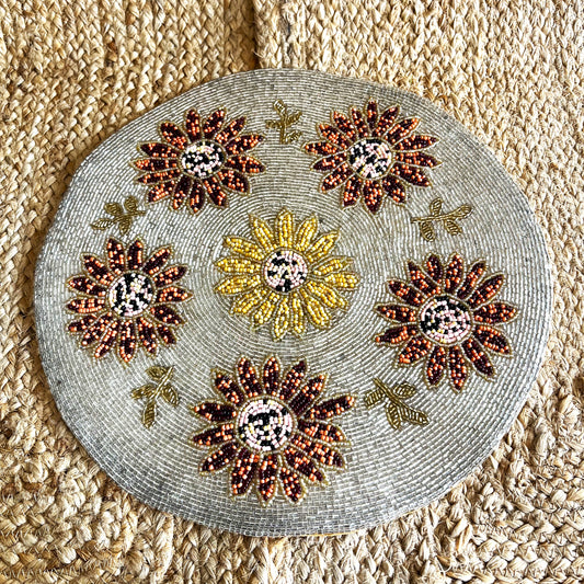 Sunflower Handcrafted Beaded Placemat – 14-inch Round Autumn Floral Table Decor Mat