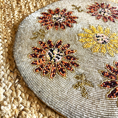 Sunflower Handcrafted Beaded Placemat – 14-inch Round Autumn Floral Table Decor Mat