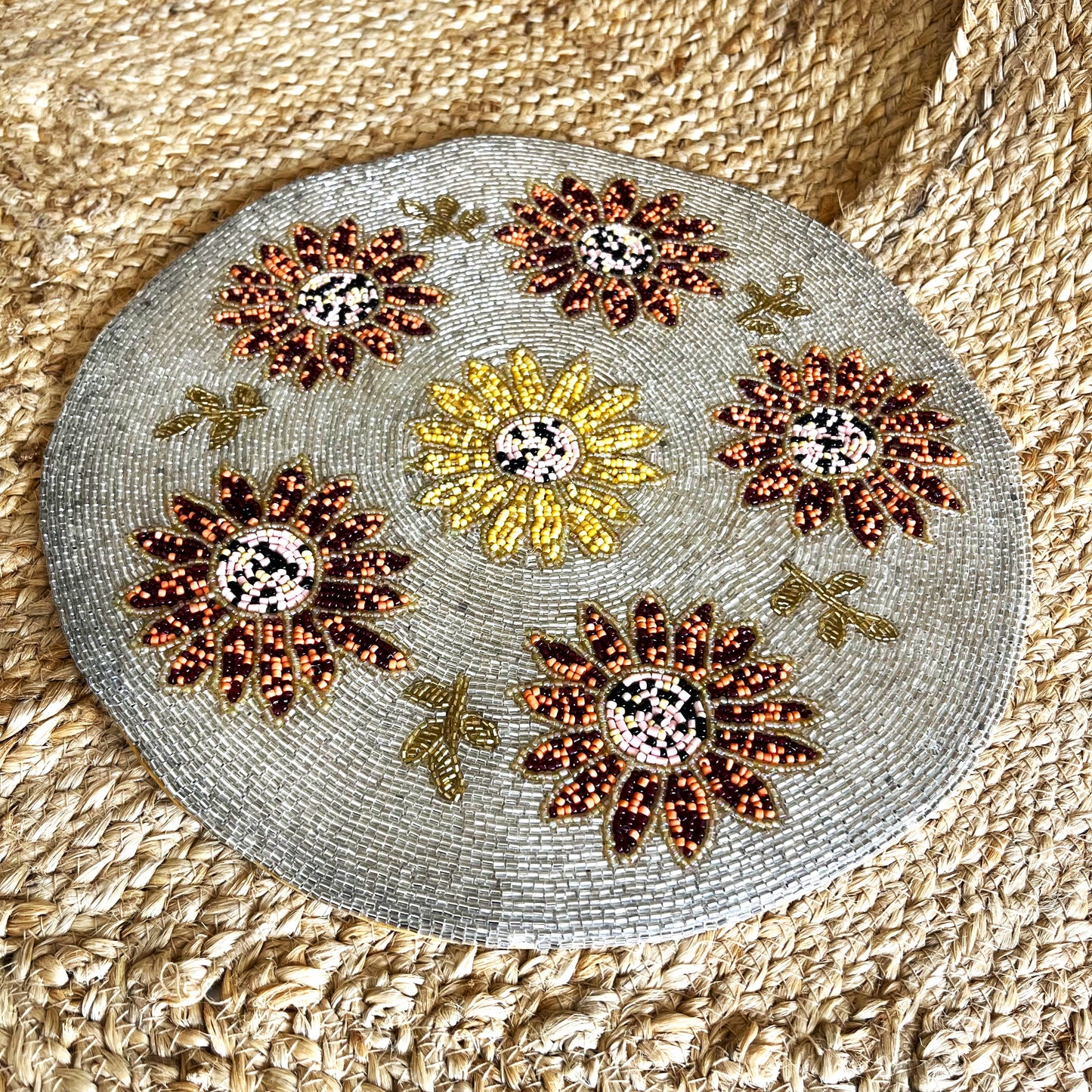 Sunflower Handcrafted Beaded Placemat – 14-inch Round Autumn Floral Table Decor Mat