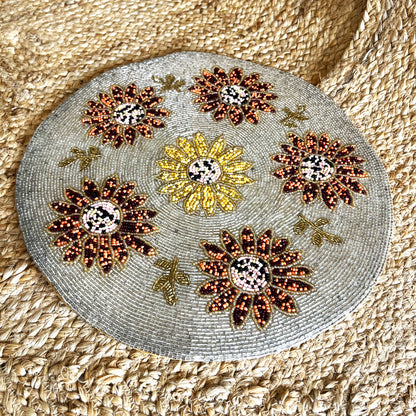 Sunflower Handcrafted Beaded Placemat – 14-inch Round Autumn Floral Table Decor Mat