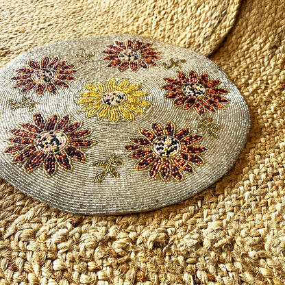 Sunflower Handcrafted Beaded Placemat – 14-inch Round Autumn Floral Table Decor Mat