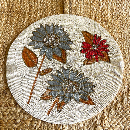 Blue Red Floral Handcrafted Beaded Placemat – 14-inch Round Decorative Table Mat