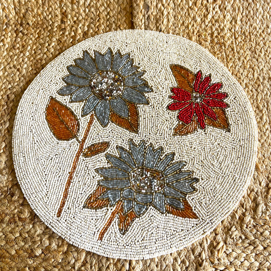 Blue Red Floral Handcrafted Beaded Placemat – 14-inch Round Decorative Table Mat