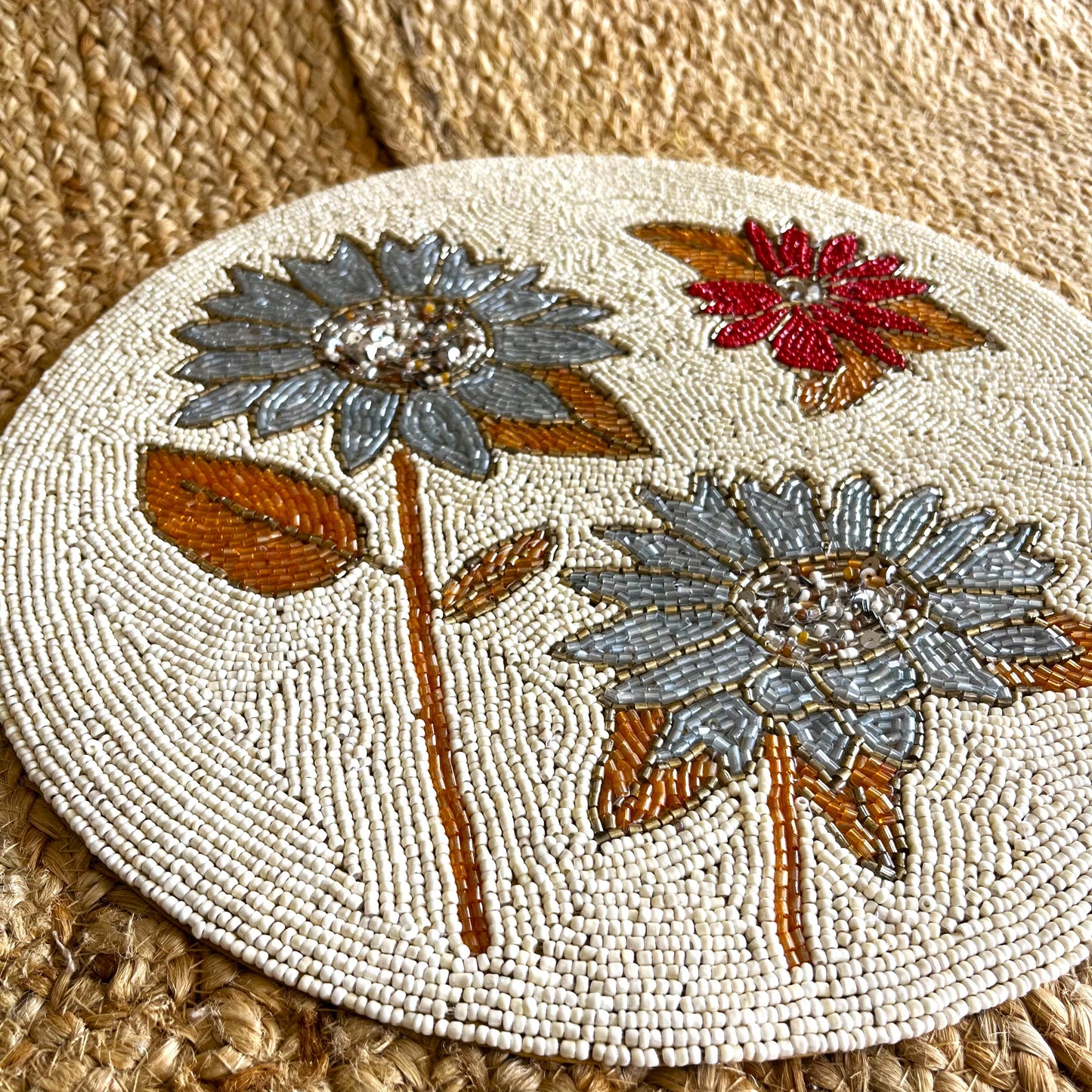 Blue Red Floral Handcrafted Beaded Placemat – 14-inch Round Decorative Table Mat
