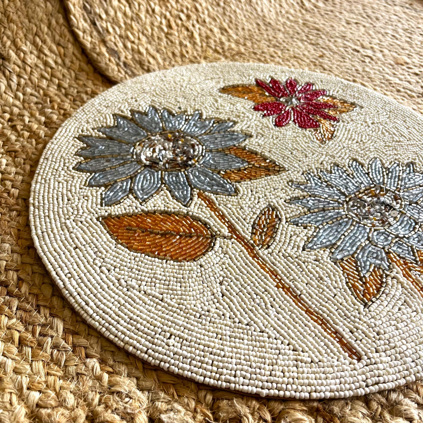 Blue Red Floral Handcrafted Beaded Placemat – 14-inch Round Decorative Table Mat
