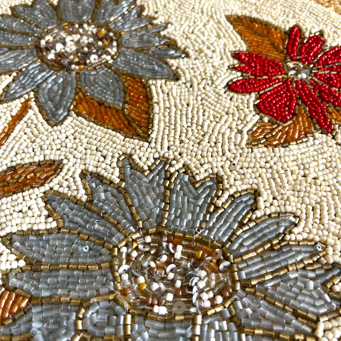 Blue Red Floral Handcrafted Beaded Placemat – 14-inch Round Decorative Table Mat