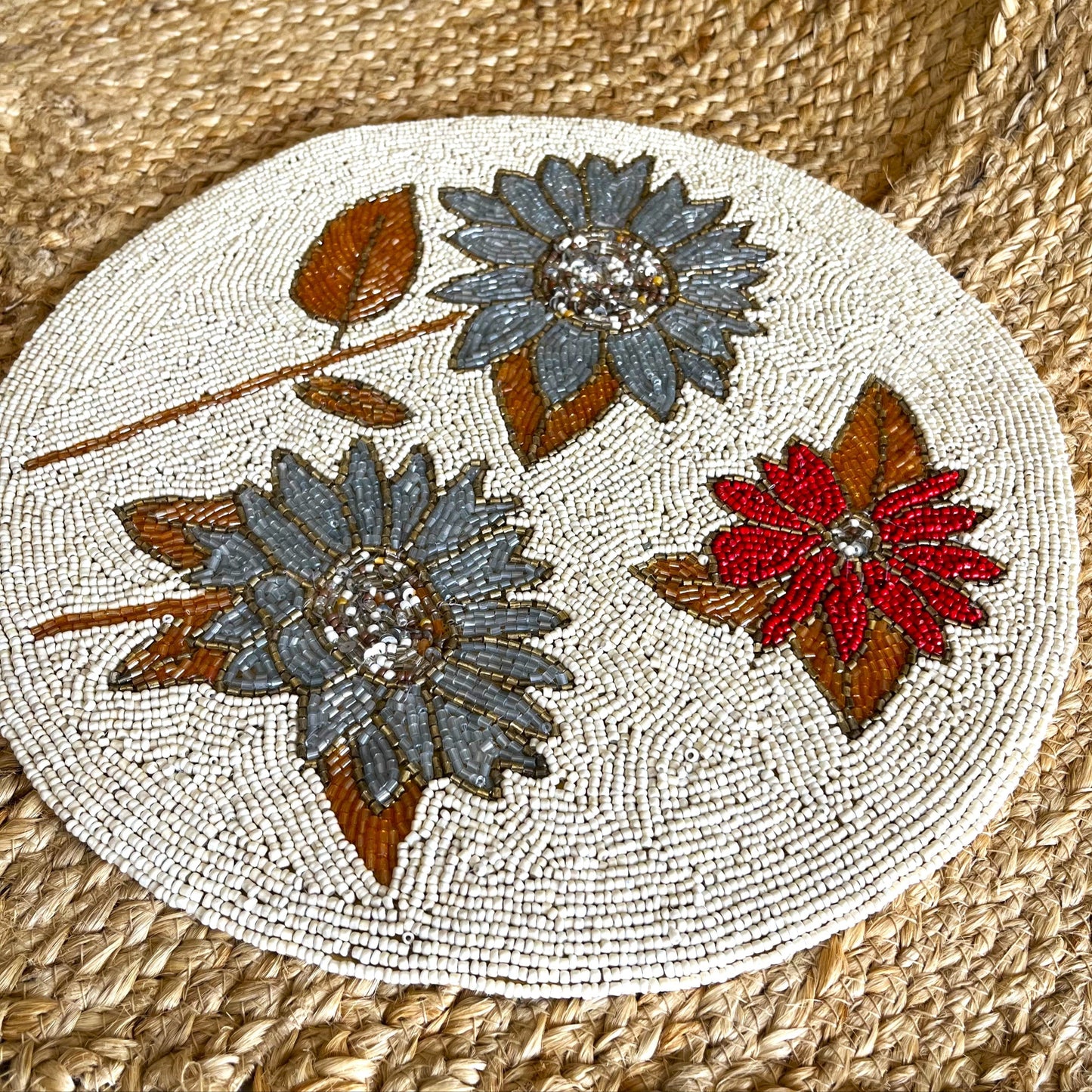 Blue Red Floral Handcrafted Beaded Placemat – 14-inch Round Decorative Table Mat