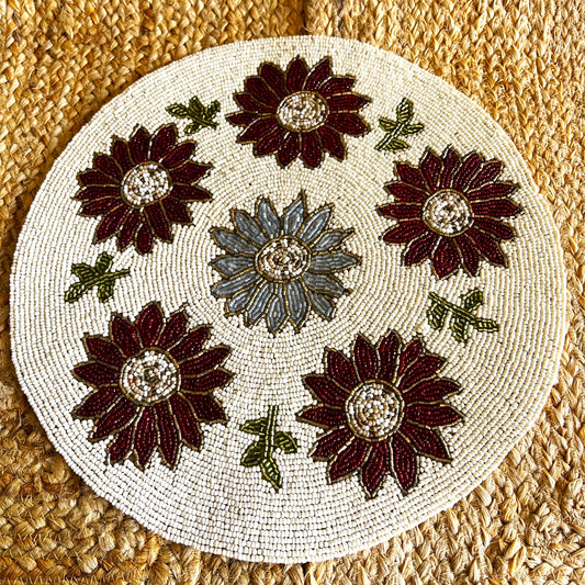 Red & Blue Flower Design Handcrafted Beaded Placemat – 14-inch Round Elegant Table Decor Mat