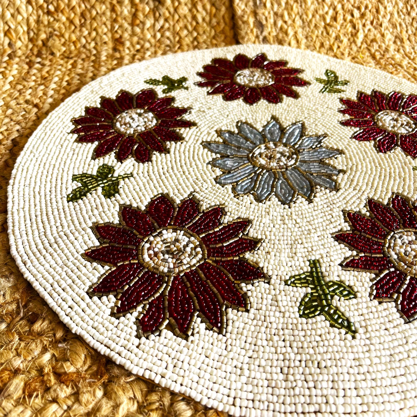 Red & Blue Flower Design Handcrafted Beaded Placemat – 14-inch Round Elegant Table Decor Mat