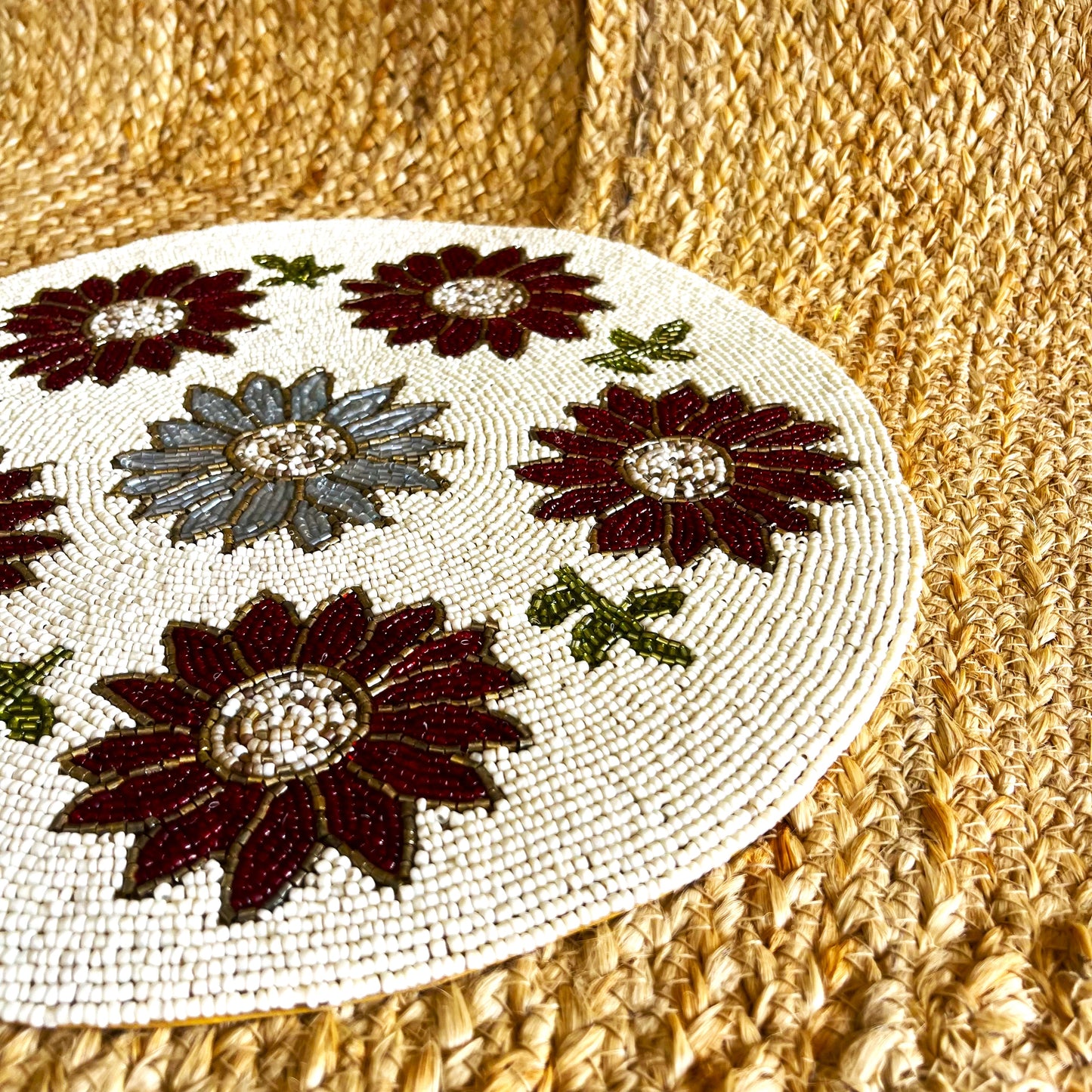 Red & Blue Flower Design Handcrafted Beaded Placemat – 14-inch Round Elegant Table Decor Mat