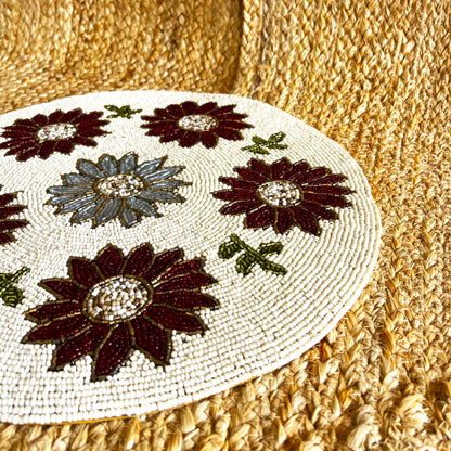 Red & Blue Flower Design Handcrafted Beaded Placemat – 14-inch Round Elegant Table Decor Mat
