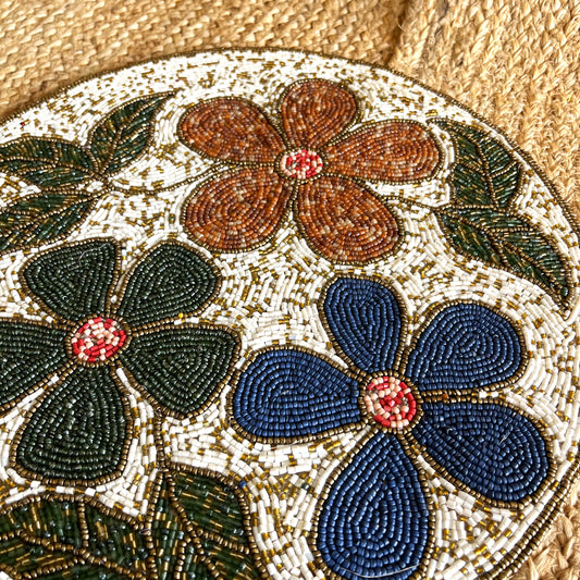Elegant Multicolor Floral Handcrafted Beaded Placemat – 14-inch Round Decorative Table Mat