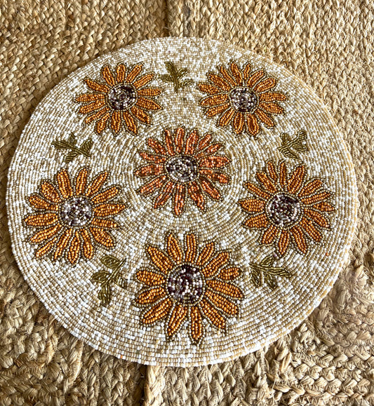 Golden Sunflower Handcrafted Beaded Placemat – 14-inch Round Autumn Floral Table Decor