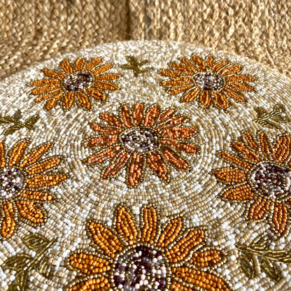 Golden Sunflower Handcrafted Beaded Placemat – 14-inch Round Autumn Floral Table Decor