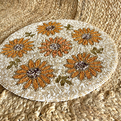 Golden Sunflower Handcrafted Beaded Placemat – 14-inch Round Autumn Floral Table Decor