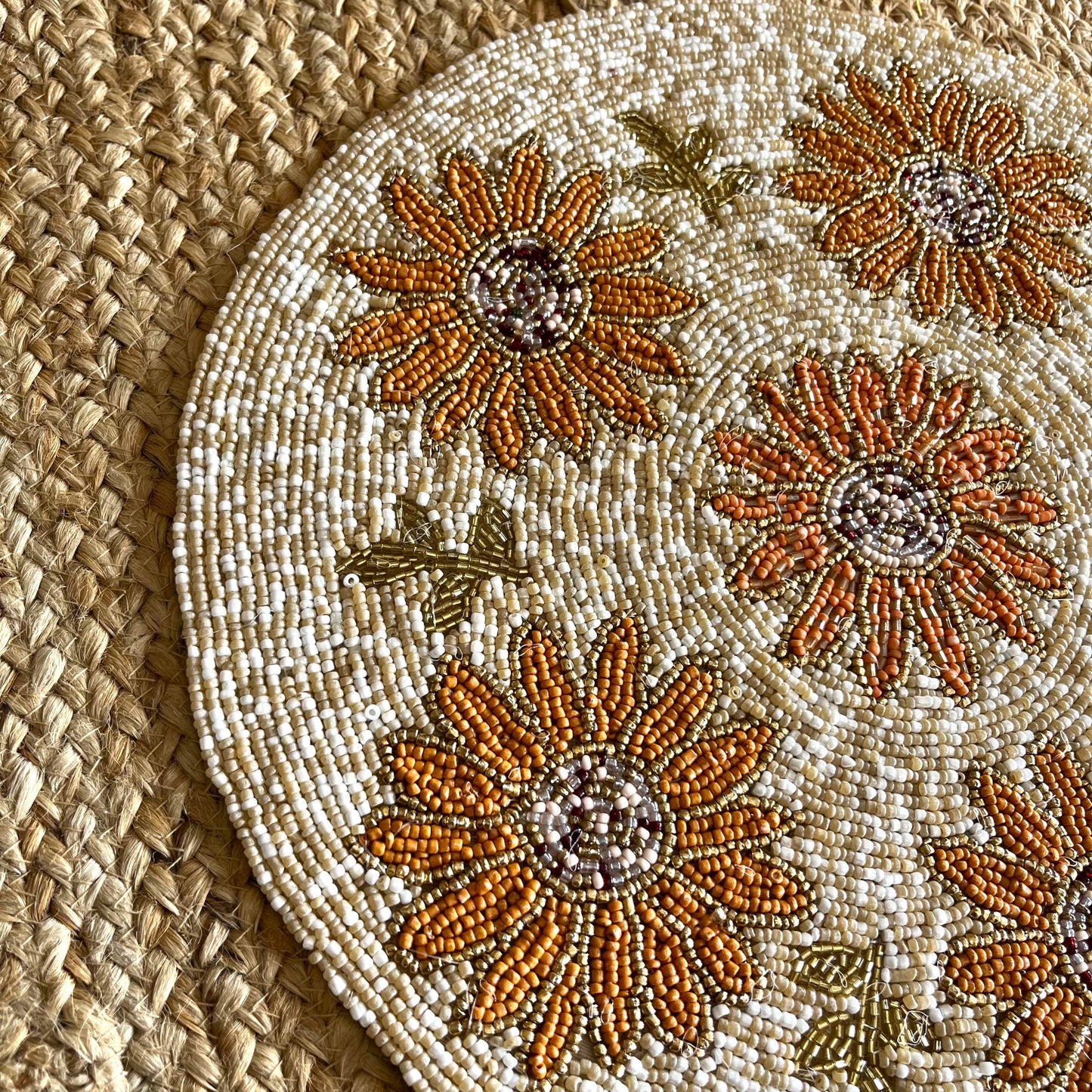 Golden Sunflower Handcrafted Beaded Placemat – 14-inch Round Autumn Floral Table Decor