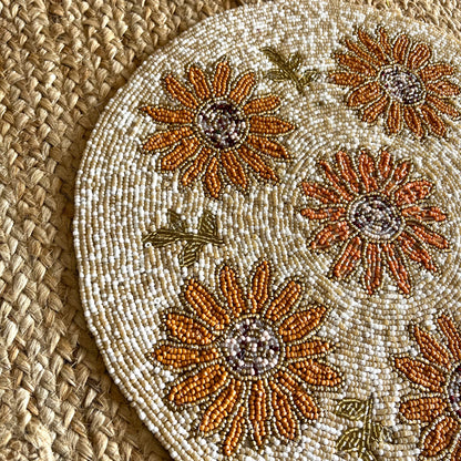 Golden Sunflower Handcrafted Beaded Placemat – 14-inch Round Autumn Floral Table Decor