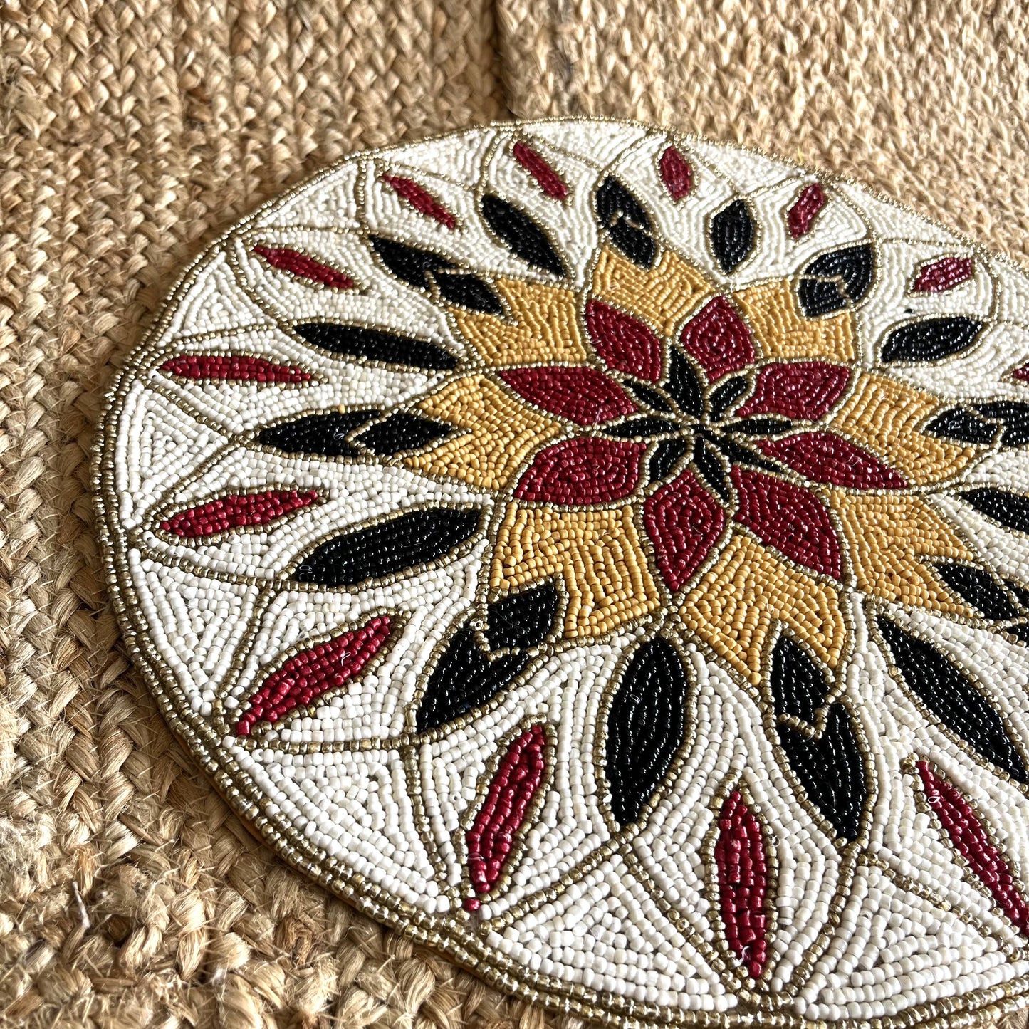 Red Black Gold Floral Rangoli Handcrafted Beaded Placemat – 14-inch Round Decorative Table Mat