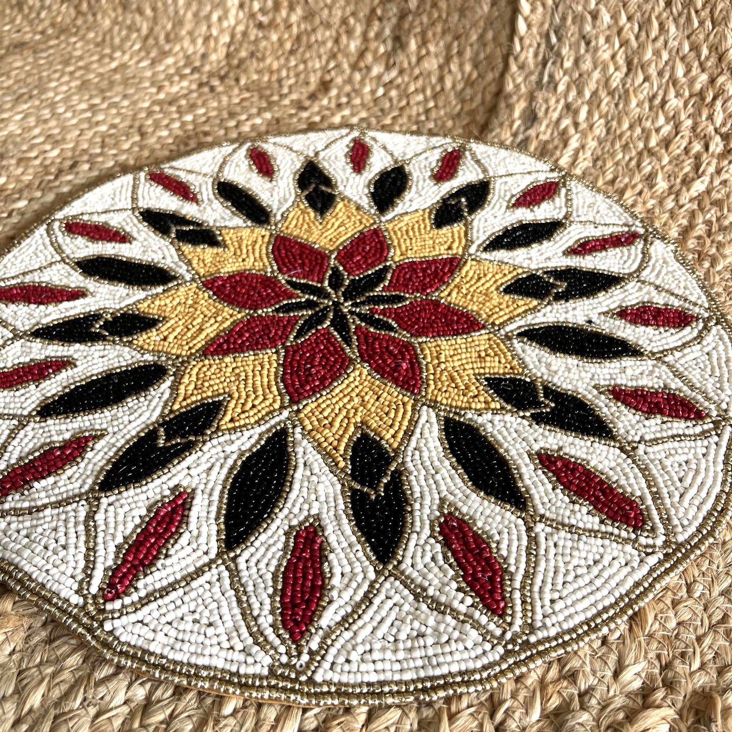 Red Black Gold Floral Rangoli Handcrafted Beaded Placemat – 14-inch Round Decorative Table Mat