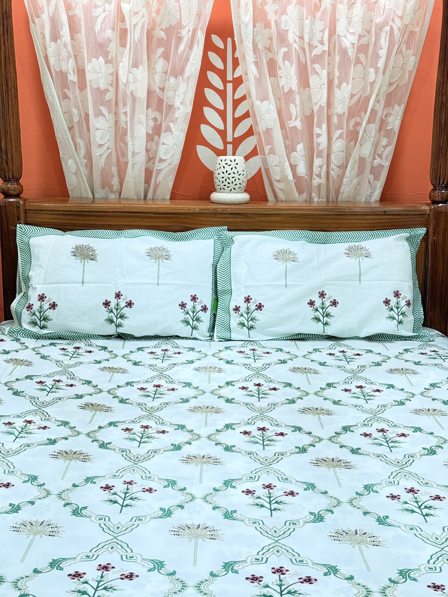 Green Abstract Premium Double Cotton Handblock Bedsheet
