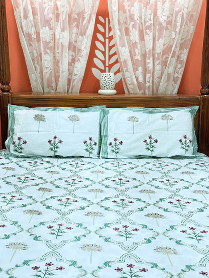 Green Abstract Premium Double Cotton Handblock Bedsheet