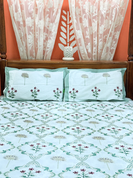 Green Abstract Premium Double Cotton Handblock Bedsheet