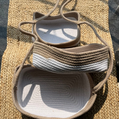 3-Tier Jute Wall Hanging Storage Basket organizer - Beige White