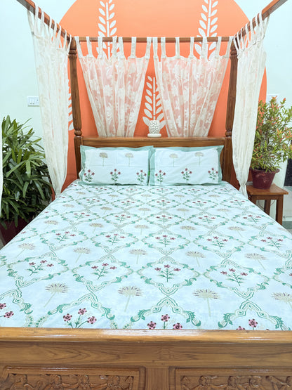 Green Abstract Premium Double Cotton Handblock Bedsheet