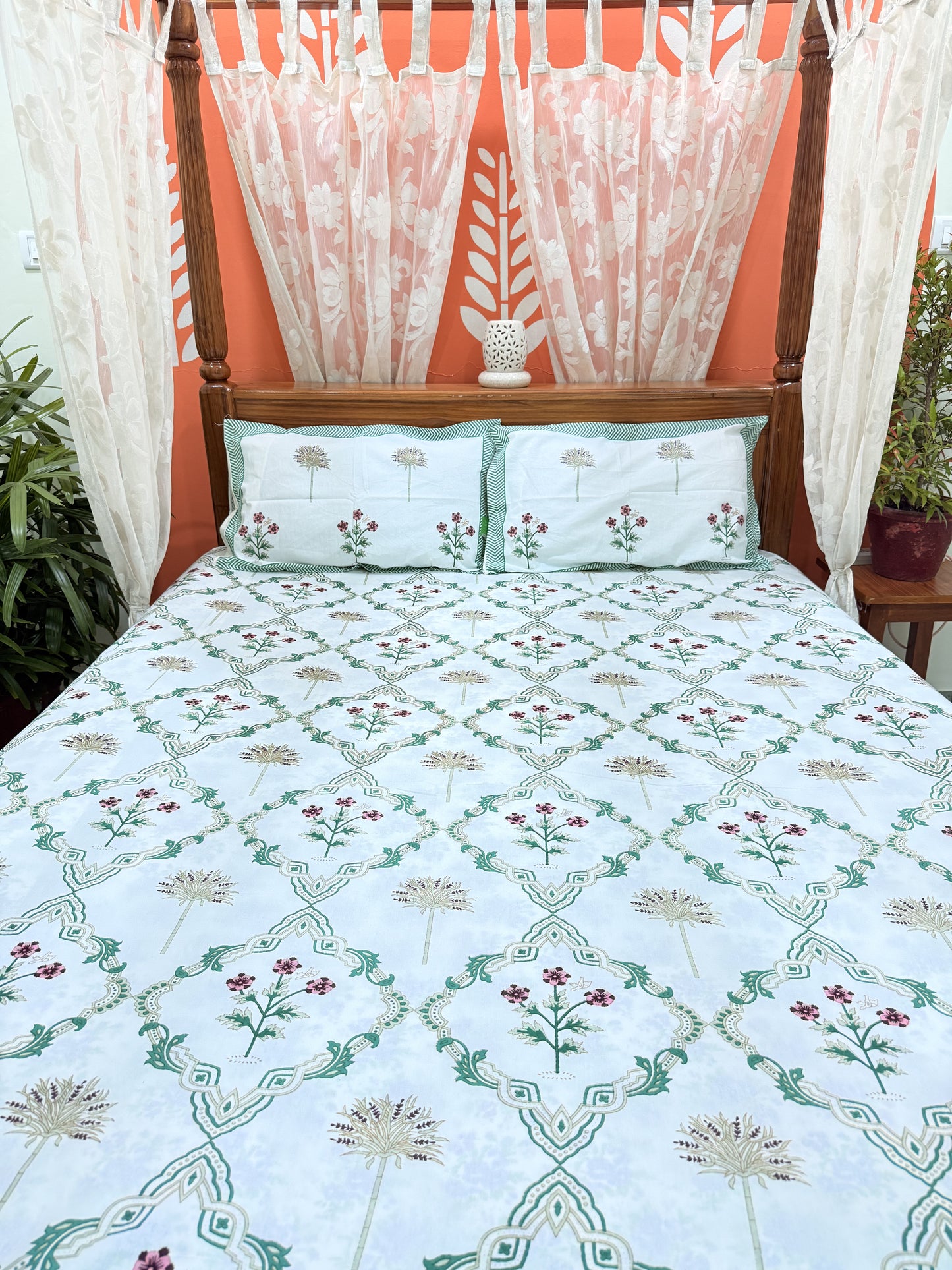Green Abstract Premium Double Cotton Handblock Bedsheet