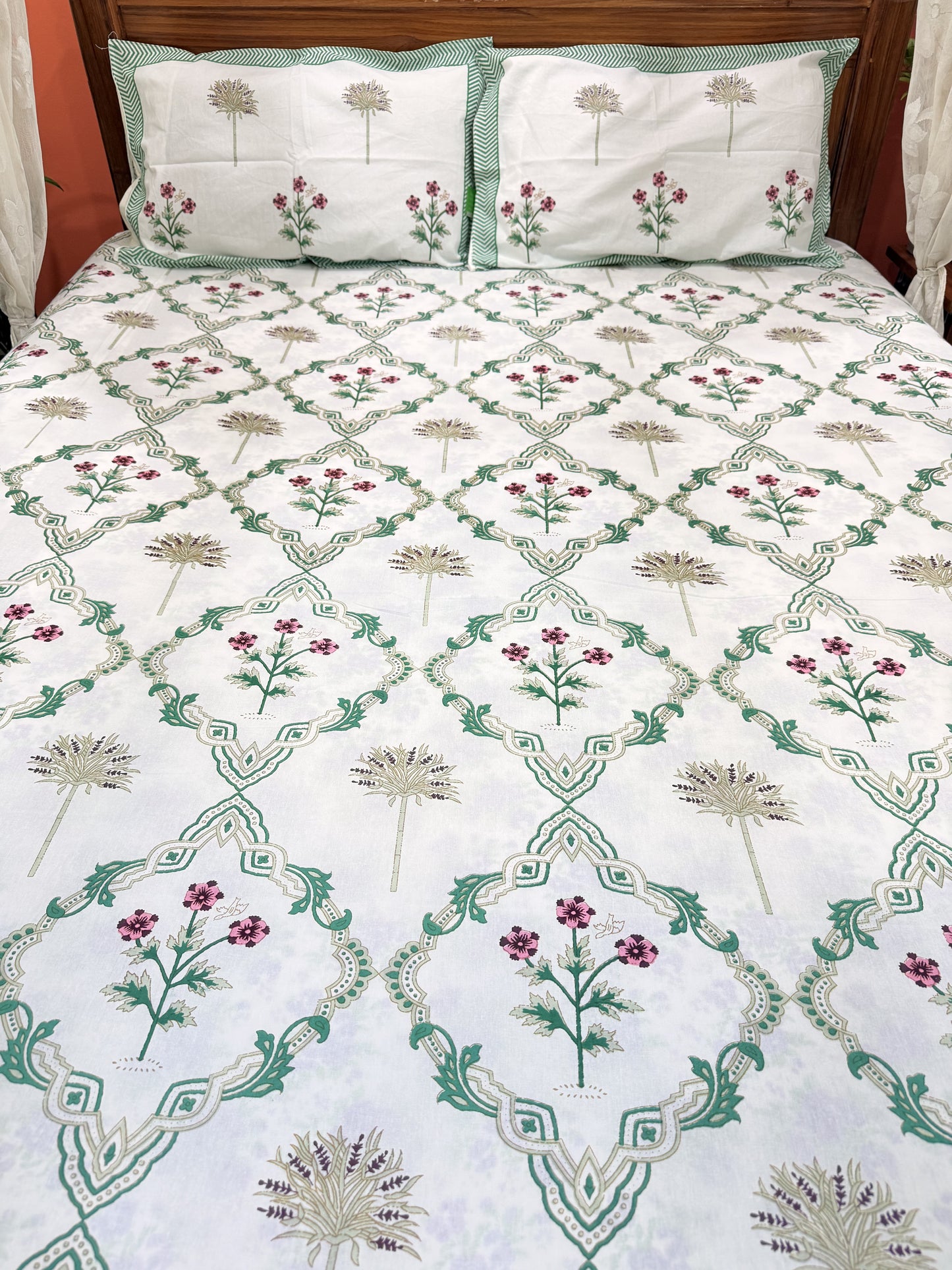 Green Abstract Premium Double Cotton Handblock Bedsheet