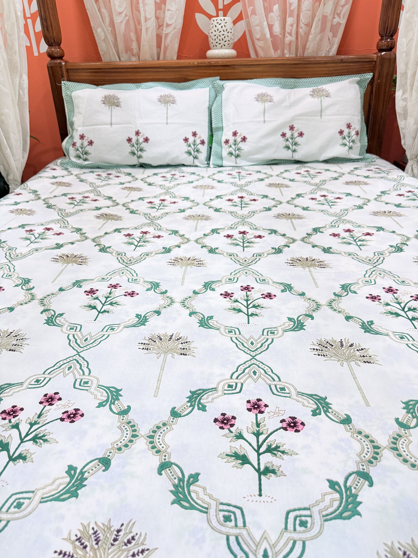 Green Abstract Premium Double Cotton Handblock Bedsheet