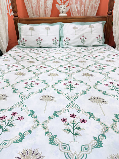 Green Abstract Premium Double Cotton Handblock Bedsheet
