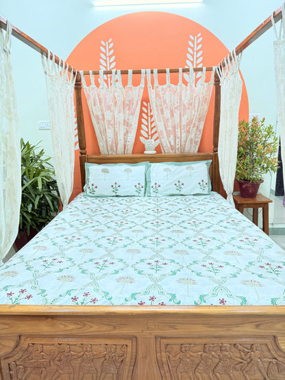 Green Abstract Premium Double Cotton Handblock Bedsheet